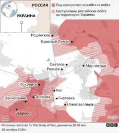 Карта, показывающая, чьи силы контролируют отдельные населенные пункты под Покровском