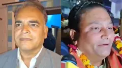 प्रशांत वीर के पिता रामेंद्र त्रिपाठी (बाएं) और कार्तिक शर्मा के कोच शत्रुघ्न तिवारी