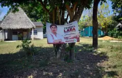 Árvore em um jardim, com cartaz de campanha de Yesenia Lara, candidata assassinada a prefeita no México