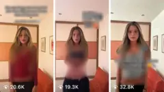 Cópia de tela de uma conta no Instagram, mostrando três postagens, todas com dezenas de milhares de visualizações. Nas três postagens, observamos a mesma mulher, que parece ser uma adolescente com síndrome de Down. Havia palavras escritas nas postagens, que foram borradas por incluírem conteúdo sensível.