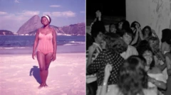 Montagem com duas fotos: à esquerda, banhista na praia do Flamengo; à direita, multidão festeja Réveillon de 1977