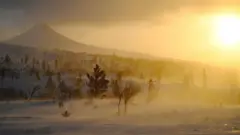 Панорамный снимок шведского ландшафта, освещенного солнцем. Видна сильная поземка