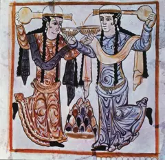 رسمة تعود للعصر العباسي تجسد راقصتين تمسكان بكأسين تصبان فيهما الخمر من وعائين يظهران خلف رأسيهما