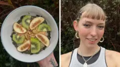 Composite image: One of a hand holding a bowl of porridge topped with seeds, apple and kiwi, the other of a woman with various piercings and a short fringe, smiling