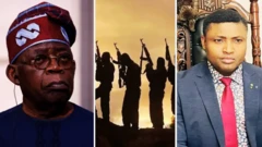 Bola Tinubu on glass, dark men wit guns, Simon Ekpa on red tie