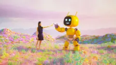 Uma mulher toca a mão de um robô maior que ela. Ambos estão em um campo artificial criado por computador