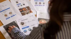 Foto tirada por trás de Davies enquanto ela analisa as folhas A4 impressas. Seu cabelo castanho-escuro aparece caído sobre o ombro