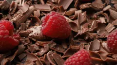 صورة مقربة لرقائق شوكولاتة بنية اللون قرب حبوب من الكاكاو وقليل من سائل الشوكولاتة مع التوت الطازج