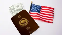 नेपाली पासपोर्ट, अमेरिकी झन्डा र १०० डलरका अमेरिकी नोटहरूको कोलाज गरिएको तस्बीर