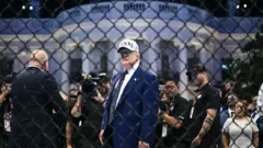 O presidente dos EUA, Donald Trump, visto através de uma cerca de arame. Ele veste um terno azul e um boné de beisebol branco com a inscrição "USA". Ao fundo, vê-se uma multidão e a Casa Branca.