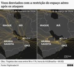 Mapa mostrando os desvios dos voos com as restrições impostas ao espaço aéreo após os ataques ao Irã