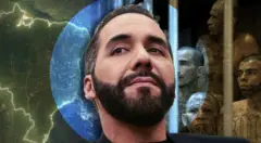 Bukele olhando para o lado. Atrás está a montagem de duas imagens, uma mostrando um mapa do Brasil e outra com pessoas presas