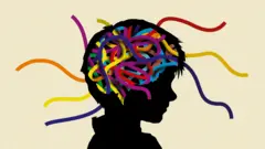 Ilustração de criança com fios coloridos emaranhados no lugar do cérebro