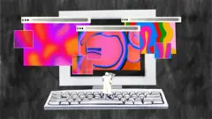 Колаж - чорно-білий компʼютер, на клавіатурі якого стоїть маленька фігурка людини. На екрані - кілька відкритих вкладок з яскравими абстрактними зображеннями