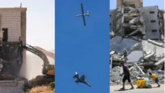 صورة مجمعة لطائرات حربية وجرافات إسرائيلية تعمل بوقود يتم استيراده من الخارج بعد قرار محكمة العدل الدولية