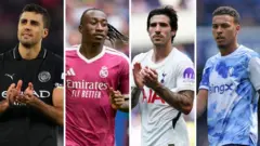 Collage of images of Rodri, Yan Diomande, Sandro Tonali and Morgan Rogers
