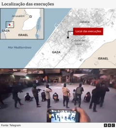 A imagem superior mostra um mapa de Gaza com a localização das execuções marcada. A inferior mostra combatentes do Hamas se preparando para executar um grupo de homens na Cidade de Gaza. Eles usam máscaras e portam fuzis automáticos.