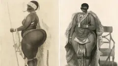 Eserese na-egosi Sarah Baartman site n'akụkụ ya na n'ihu ya