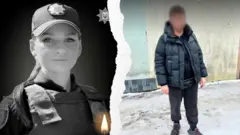 Колаж - ліворуч чорно-біле фото загиблої поліцейської у формі, праворуч - фото підозрюваної у куртці та штанях із заблюреним обличчям