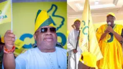 Gomina Ademola Adeleke wọ aṣọ funfun, o si mu asia ẹgbẹ Accord lọwọ, atawọn igun ẹgbẹ Accord mii