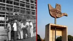 स्विस वास्तुकार पियरे जेनेरेट 1955 में चंडीगढ़ में एक निर्माण स्थल पर बात करते हुए