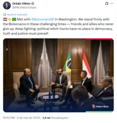 Orbán e Eduardo Bolsonaro na embaixada da Hungria em Washington, nos EUA, em novembro passado