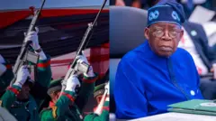 Awọn ọmogun Naijiria na ibọn soke ati Aarẹ Bola Tinubu ninu aṣọ buba buluu pẹlu fila lori