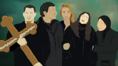 Ljudi u crnom na sahrani, deo se smeje deo plače, ilustracija