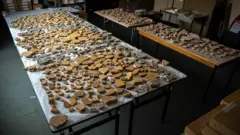Cientos de fragmentos de yeso dispuestos sobre varias mesas. Piezas mayoritariamente amarillas que forman tres paneles cuadrados con columnas más oscuras en el medio.