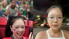 화상인터뷰를 하고 있는 이노냥의 모습(오른쪽)과 논란이 된 인종차별적 제스처가 담긴 장면(왼쪽)
