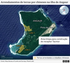 Empresas chinesas arrendaram terrenos próximos a instalações militares dos EUA, despertando preocupação em Washington sobre o objetivo desses arrendamentos. Este mapa mostra as áreas arrendadas a cidadãos chineses na ilha de Angaur