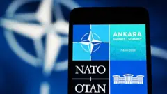 mavi zeminde NATO logosu ve İngilizce ve Fransızca ANkara Zirvesi yazısı