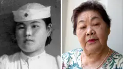 廣島原爆幾年之後，在廣島紅十字會醫院當護士的上野照子（左），和2015年的照子。