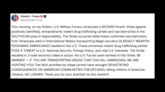 Postagem de Trump na rede Truth Social, que foi compartilhada no perfil oficial da Casa Branca no X. Na postagem, Trump diz, em inglês: "Esta manhã, por minhas ordens, as Forças Armadas dos EUA realizaram um SEGUNDO Ataque Cinético contra cartéis de tráfico de drogas e narcoterroristas, extraordinariamente violentos e positivamente identificados, na área de responsabilidade do SOUTHCOM."