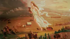Une femme en robe blanche est le symbole de la « Destinée Manifeste ». Elle flotte sur la prairie en tenant un livre d'école et une bobine de câble télégraphique qu'elle tend derrière elle. Au sol, des Amérindiens et des bisons courent devant elle. Derrière elle, les signes de l'expansion vers l'ouest : trains, bateaux, chariots et colons pionniers.