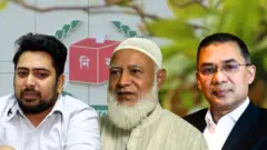 বাম থেকে ডানে- এনসিপি নেতা নাহিদ ইসলাম, জামায়াত নেতা শফিকুর রহমান, বিএনপি নেতা তারেক রহমান