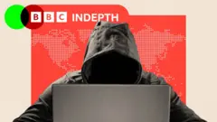 A treated image with a red background showing a hooded figure behind a laptop