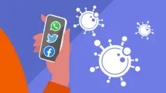 Graphic of a hand holding a phone with social media apps and germs nearby.
