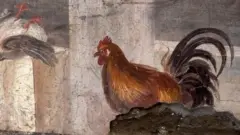 A fresco depicting two ducks and a rooster