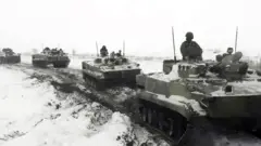 Military units on their way to a training site in Rostov, close to Ukraine’s border