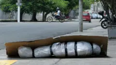 An abandoned corpse wrapped in plastic and covered with cardboard lies on the pavement in Guayaquil, Ecuador, 6 April 2020