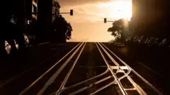 California Street, usually filled with cable cars, is seen empty in San Francisco, California