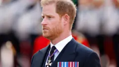Prince Harry, Duke of Sussex walks behind Queen Elizabeth II's coffin as it is transported on a gun carriage from Buckingham Palace to The Palace of Westminster ahead of her Lying-in-State on September 14, 2022 in London, United Kingdom.