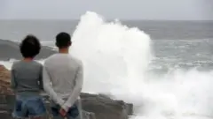 High waves caused by Typhoon Hagibis break on the shores of Senjojiki