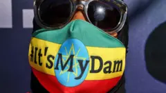 Un manifestant éthiopien à New York, portant des lunettes de soleil et un masque aux couleurs du drapeau éthiopien (rayures vertes, jaunes et rouges avec un cercle bleu au centre dans lequel se trouve une étoile jaune) avec le hashtag « #It'sMyDam » imprimé en noir - mars 2021.