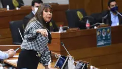 Celeste Amarilla, parada detrás de su escritorio, en la Cámara.