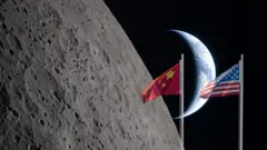 月球表面與中美國旗