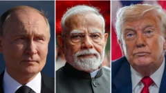 रूस के राष्ट्रपति व्लादिमीर पुतिन, भारत के प्रधानमंत्री नरेंद्र मोदी, अमेरिका के राष्ट्रपति डोनाल्ड ट्रंप (बाएं से दाएं) 