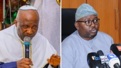 Primate Ayodele wit mic for im mouth, and Bayo Adelabu wit mics for im front