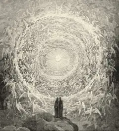 Gravura do século 19 traz Dante e Beatriz, em referência à Divina Comédia, com anjos no Paraíso, em ilustração de Gustave Doré